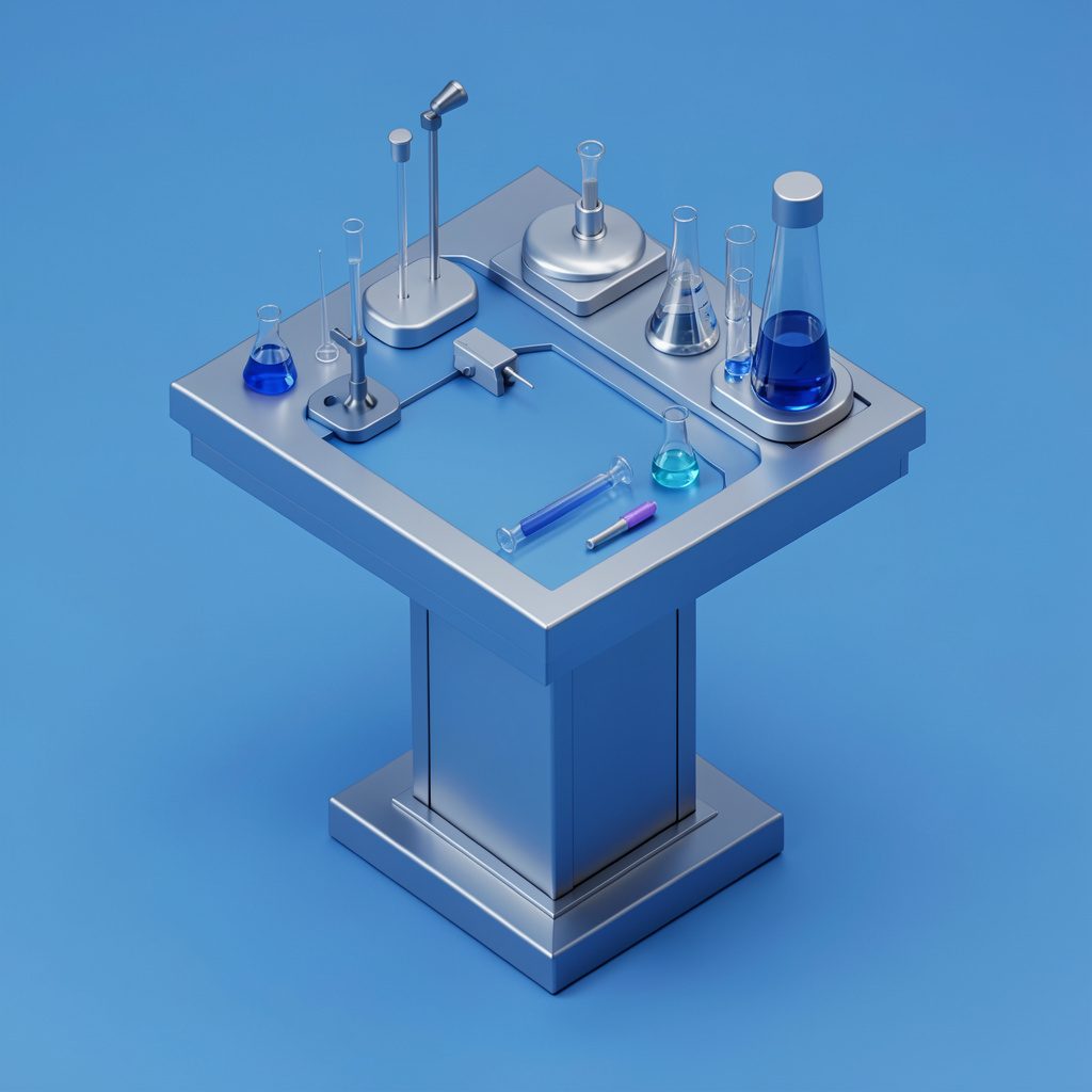 A lectern with scientific instruments rendered in cool blue and silver tones, suggesting a research environment