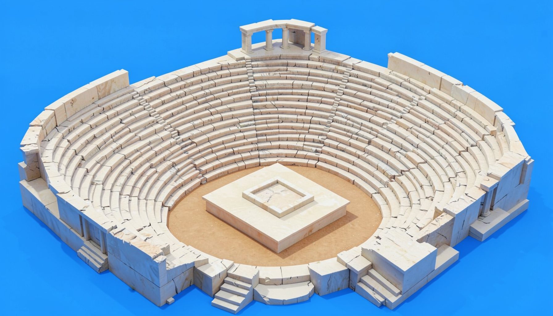 Wide isometric view of an ancient Greek amphitheater with stone tiers curving around a central speaking platform, warm stone tones under a soft sky