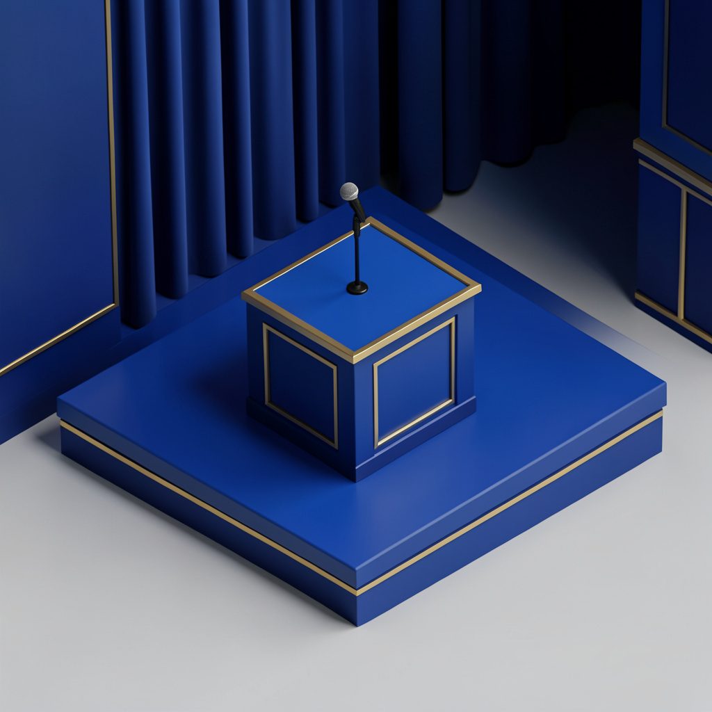 Isometric 3D render of a podium with a microphone on a stage, deep blue and gold accents, formal academic setting