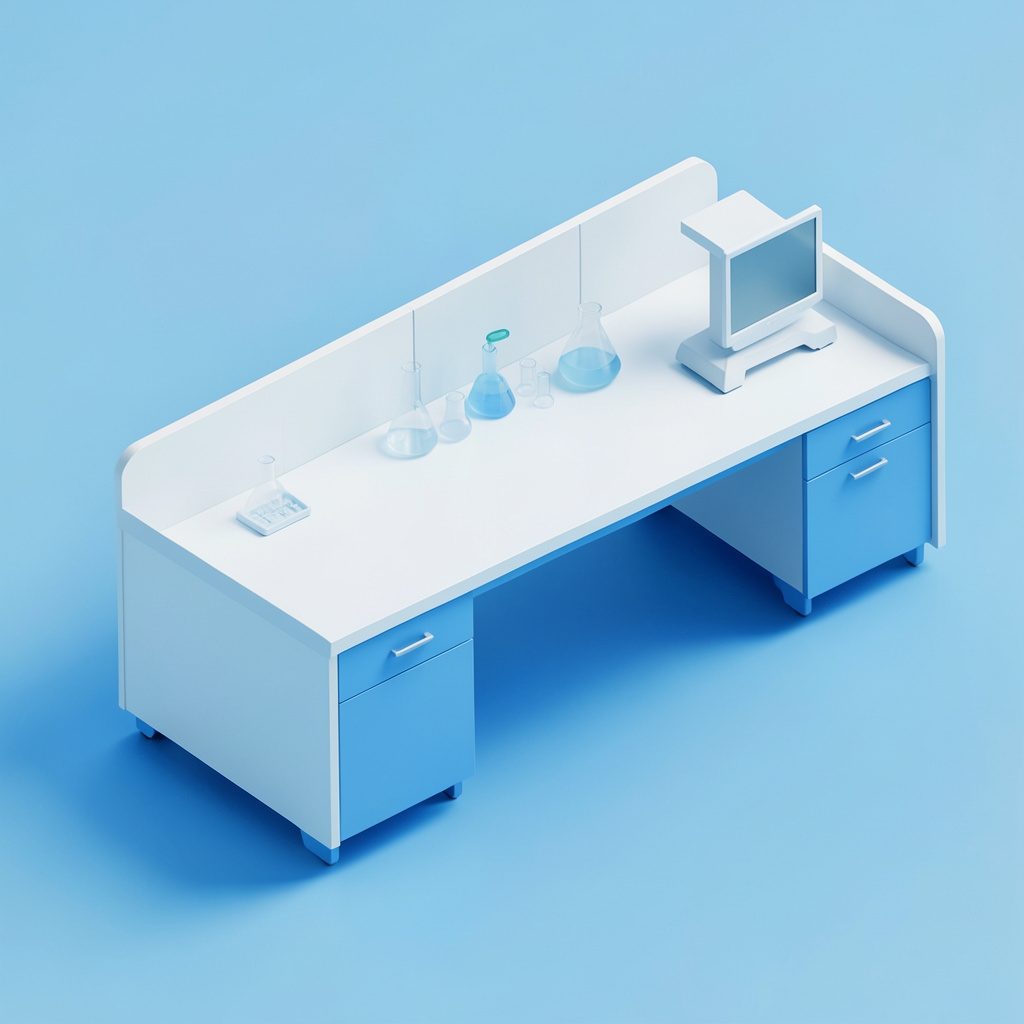 Isometric research laboratory bench in clean white and pale blue tones