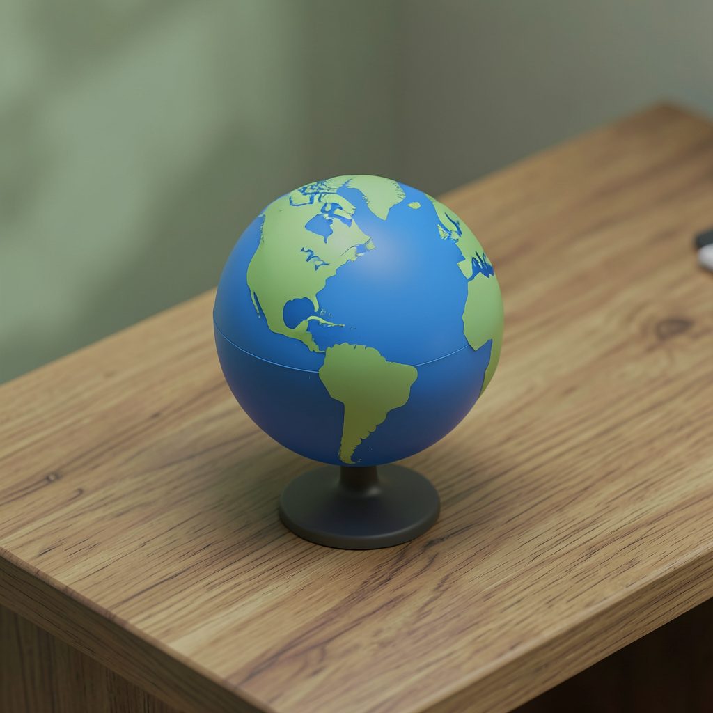 Isometric globe resting on a wooden desk in soft green and earth tones