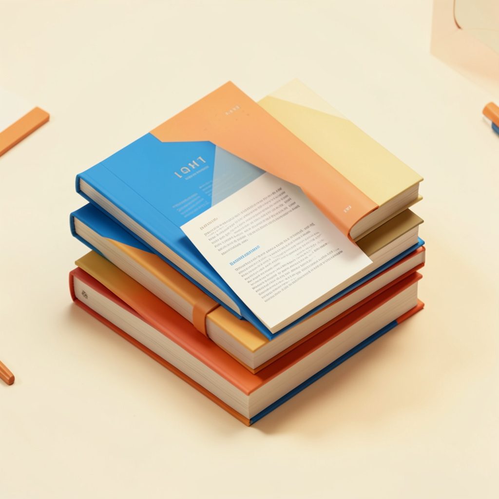 Stacked academic books and papers rendered in warm amber and cream tones, evoking a scholarly setting