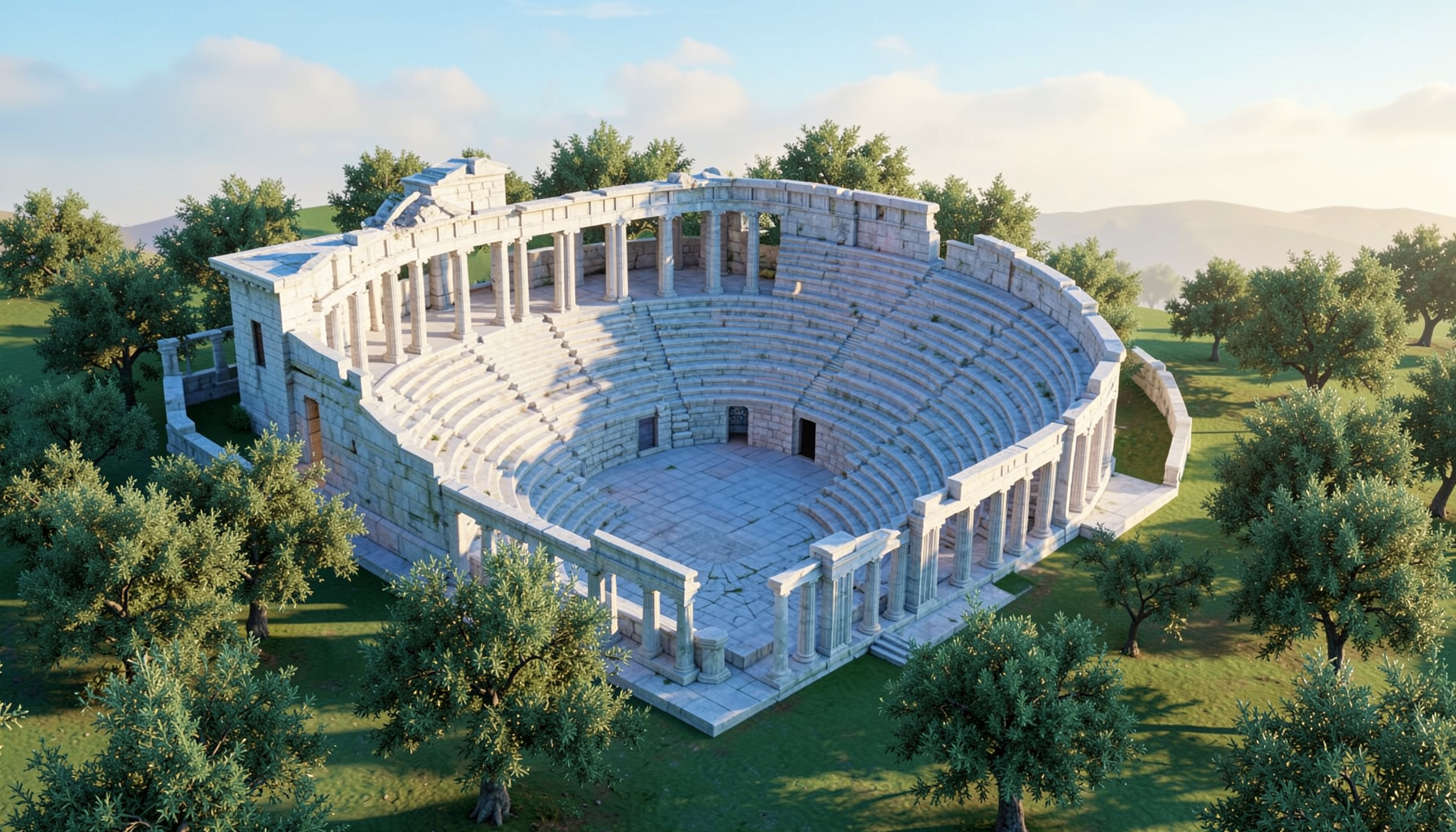 Isometric 3D render of a classical Greek amphitheater nestled among olive groves under a warm Mediterranean sky, stone architecture in golden light